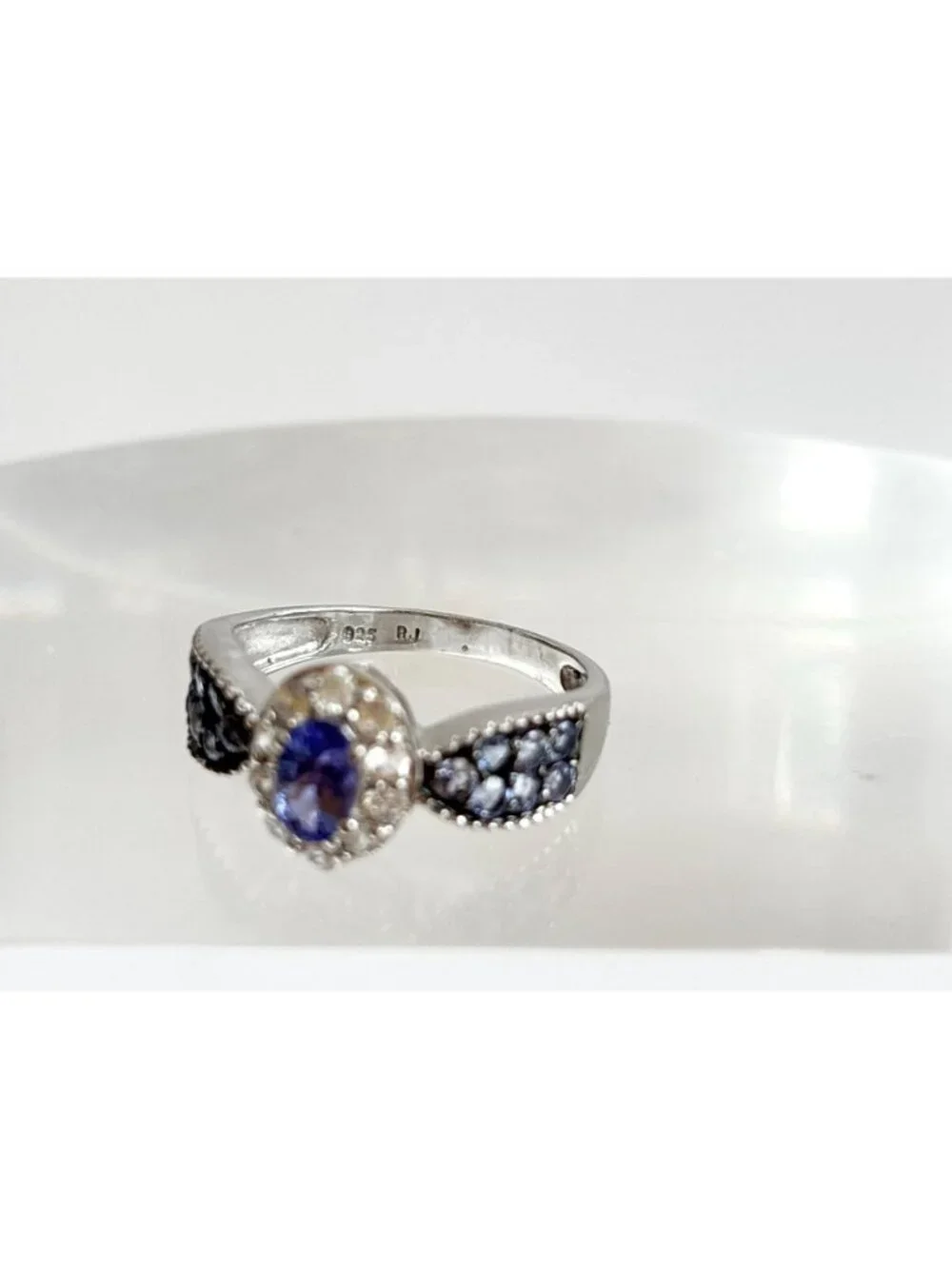 Tanzanite Gemstone Oval Cut Halo Style Sterling Silver 925 Vintage Ring - sz 8